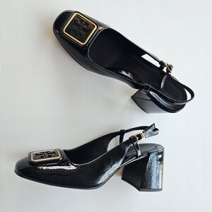 Tory Burch Black Patent Leather Georgia Slingback Block Heels Shoes 9